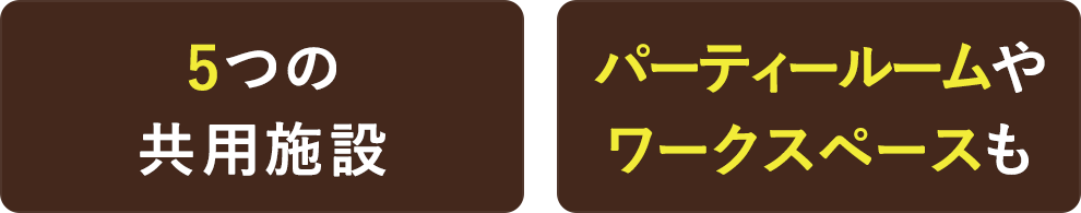 5つの共用施設、パーティールームやワークスペースも
